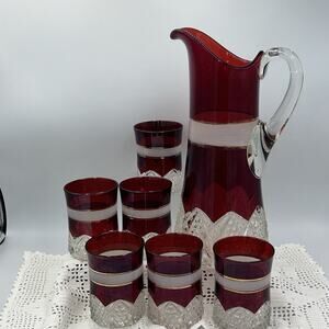 Antique Large Ruby Flashed Pressed Glass Pitcher w/6 Glasses Early 1900’s